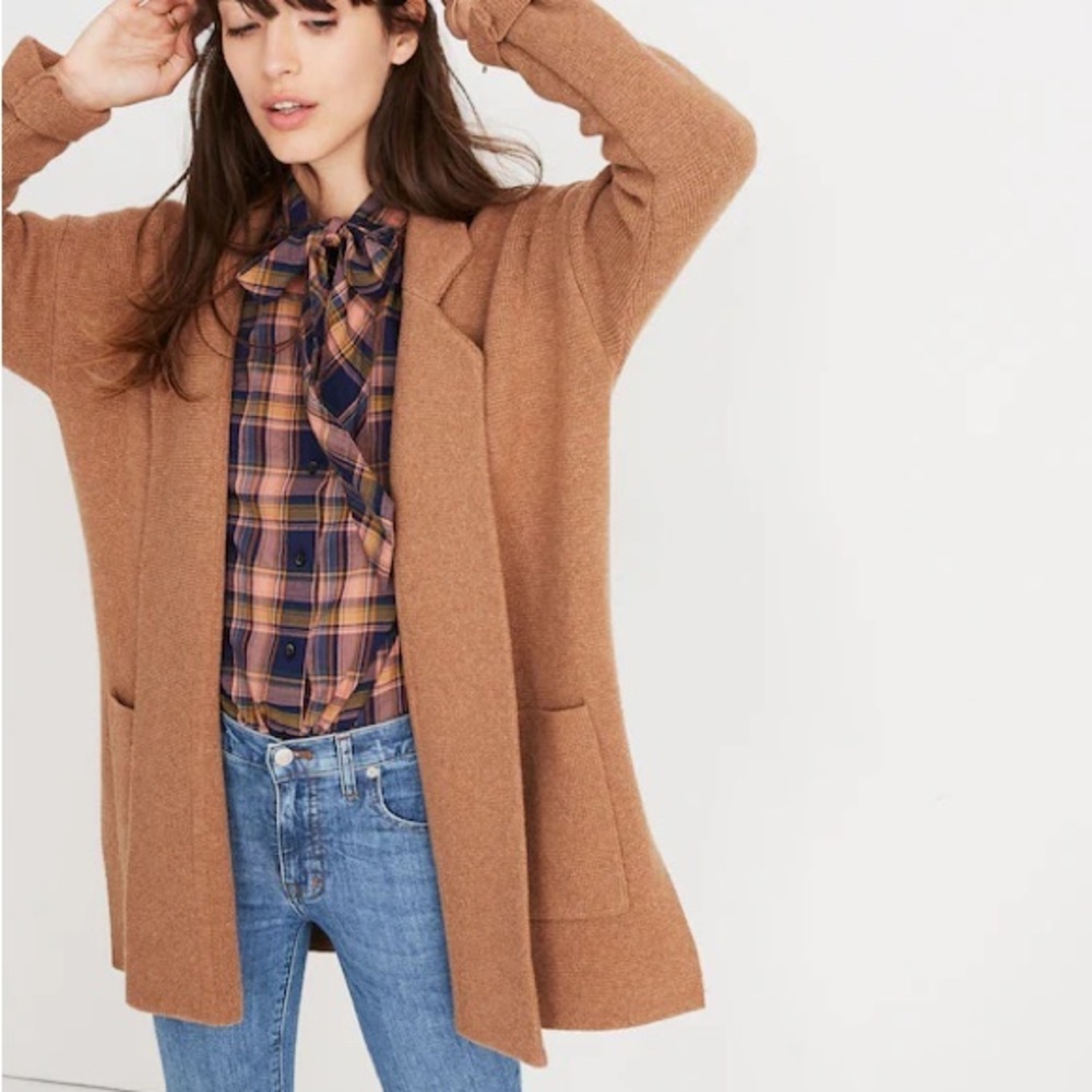 MADEWELL Spencer Wool Caramel Pocket Open Front Collar Cozy Blazer Sweater Coat